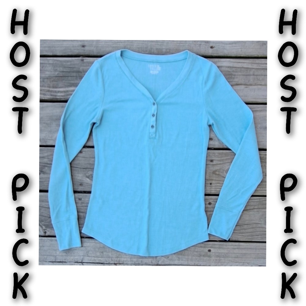 Time And Tru Light Blue Waffle Knit Henley Long Sleeve Tee Host Pick